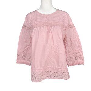Abercrombie & Fitch Women's M Peasant Top Pink Pleats Eyelet Lace Cotton Blouse